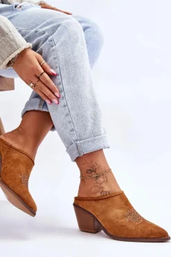 Online Boto Damskie Zamszowe Klapki Kowbojki Camel Romina