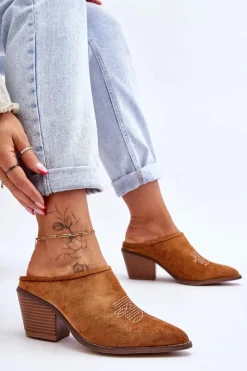 Online Boto Damskie Zamszowe Klapki Kowbojki Camel Romina
