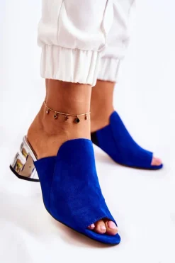 New Damskie Zamszowe Klapki Na Obcasie Granatowe Marine Damskie Klapki Na Obcasie|Klapki Damskie Klasyczne