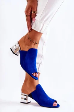 New Damskie Zamszowe Klapki Na Obcasie Granatowe Marine Damskie Klapki Na Obcasie|Klapki Damskie Klasyczne