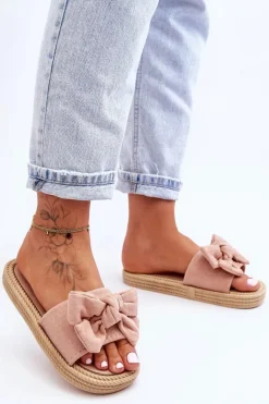 Outlet Damskie Zamszowe Klapki Z Kokardą Różowe Fency Damskie Klapki Damskie Klasyczne