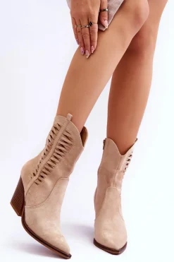 Boto Damskie Zamszowe Kowbojki Botki Na Suwak Beżowe Lanna