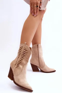 Boto Damskie Zamszowe Kowbojki Botki Na Suwak Beżowe Lanna