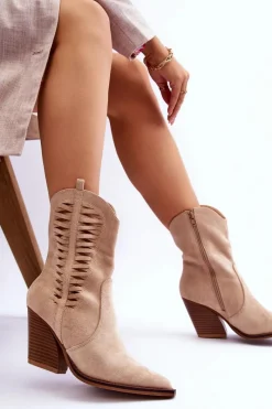 Boto Damskie Zamszowe Kowbojki Botki Na Suwak Beżowe Lanna