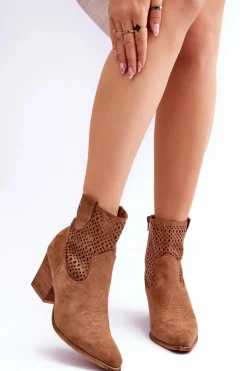 Outlet Damskie Zamszowe Kowbojki Botki Na Słupku Brązowe Norvella Damskie Botki Wiosenne|Botki Na Słupku