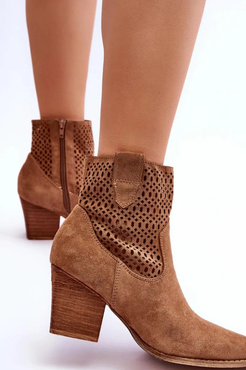 Outlet Damskie Zamszowe Kowbojki Botki Na Słupku Brązowe Norvella Damskie Botki Wiosenne|Botki Na Słupku