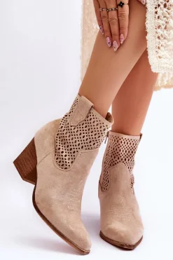 Clearance Damskie Zamszowe Kowbojki Botki Na Słupku Beżowe Norvella Damskie Botki Wiosenne|Botki Na Słupku