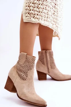 Clearance Damskie Zamszowe Kowbojki Botki Na Słupku Beżowe Norvella Damskie Botki Wiosenne|Botki Na Słupku