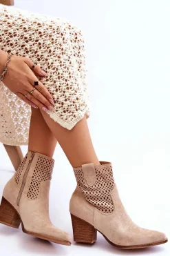 Clearance Damskie Zamszowe Kowbojki Botki Na Słupku Beżowe Norvella Damskie Botki Wiosenne|Botki Na Słupku