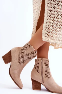 Clearance Damskie Zamszowe Kowbojki Botki Na Słupku Beżowe Norvella Damskie Botki Wiosenne|Botki Na Słupku