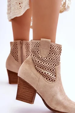 Clearance Damskie Zamszowe Kowbojki Botki Na Słupku Beżowe Norvella Damskie Botki Wiosenne|Botki Na Słupku