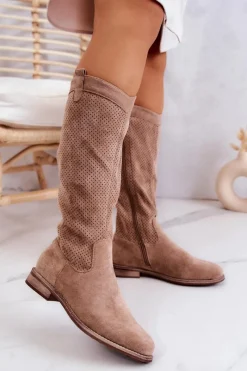 Best Damskie Zamszowe Kozaki Ażurowe Beżowe Thessie Damskie Kozaki Wiosenne|Kozaki Ażurowe