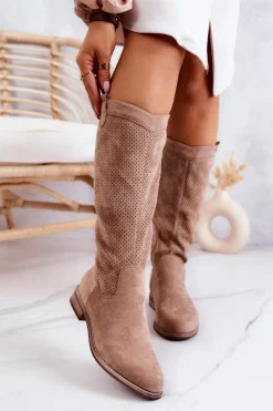 Best Damskie Zamszowe Kozaki Ażurowe Beżowe Thessie Damskie Kozaki Wiosenne|Kozaki Ażurowe