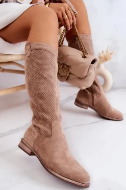 Best Damskie Zamszowe Kozaki Ażurowe Beżowe Thessie Damskie Kozaki Wiosenne|Kozaki Ażurowe
