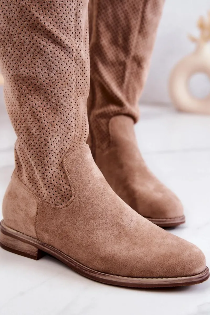 Best Damskie Zamszowe Kozaki Ażurowe Beżowe Thessie Damskie Kozaki Wiosenne|Kozaki Ażurowe