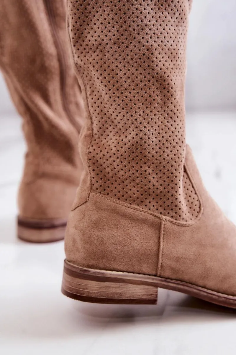 Best Damskie Zamszowe Kozaki Ażurowe Beżowe Thessie Damskie Kozaki Wiosenne|Kozaki Ażurowe