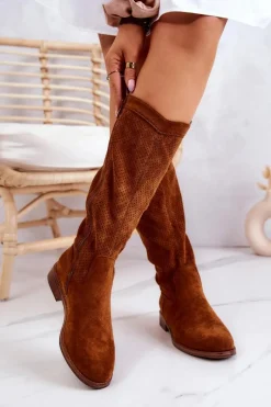 Discount Damskie Zamszowe Kozaki Ażurowe Camel Thessie Damskie Kozaki Wiosenne|Kozaki Ażurowe