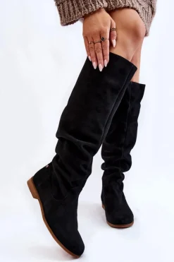 Online Damskie Zamszowe Kozaki Do Kolan 05790-01 Czarne Damskie Kozaki Wiosenne|Kozaki Płaskie