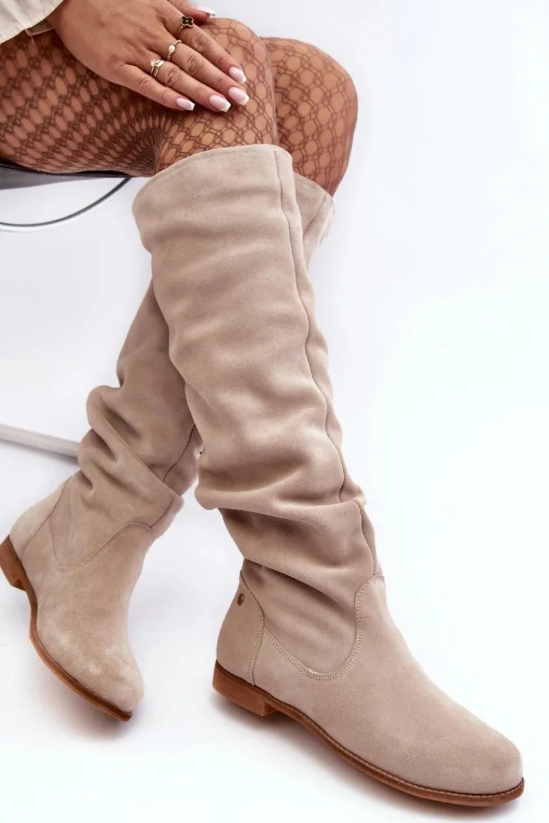 Clearance Damskie Zamszowe Kozaki Do Kolan 05790-22 Jasnobeżowe Damskie Kozaki Wiosenne|Kozaki Płaskie