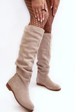 Clearance Damskie Zamszowe Kozaki Do Kolan 05790-22 Jasnobeżowe Damskie Kozaki Wiosenne|Kozaki Płaskie