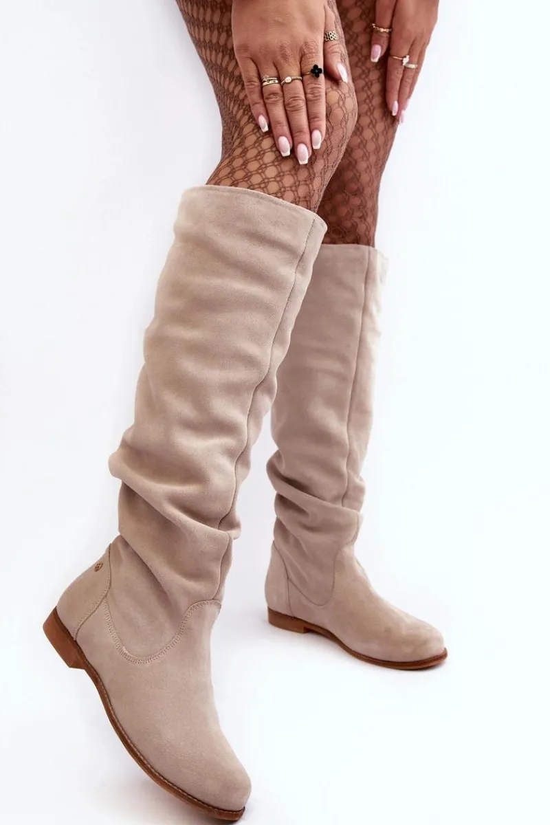Clearance Damskie Zamszowe Kozaki Do Kolan 05790-22 Jasnobeżowe Damskie Kozaki Wiosenne|Kozaki Płaskie