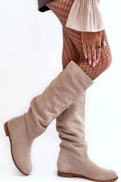 Clearance Damskie Zamszowe Kozaki Do Kolan 05790-22 Jasnobeżowe Damskie Kozaki Wiosenne|Kozaki Płaskie
