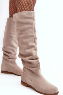 Clearance Damskie Zamszowe Kozaki Do Kolan 05790-22 Jasnobeżowe Damskie Kozaki Wiosenne|Kozaki Płaskie