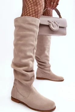 Clearance Damskie Zamszowe Kozaki Do Kolan 05790-22 Jasnobeżowe Damskie Kozaki Wiosenne|Kozaki Płaskie