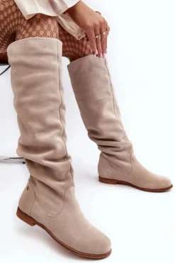 Clearance Damskie Zamszowe Kozaki Do Kolan 05790-22 Jasnobeżowe Damskie Kozaki Wiosenne|Kozaki Płaskie