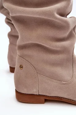 Clearance Damskie Zamszowe Kozaki Do Kolan 05790-22 Jasnobeżowe Damskie Kozaki Wiosenne|Kozaki Płaskie