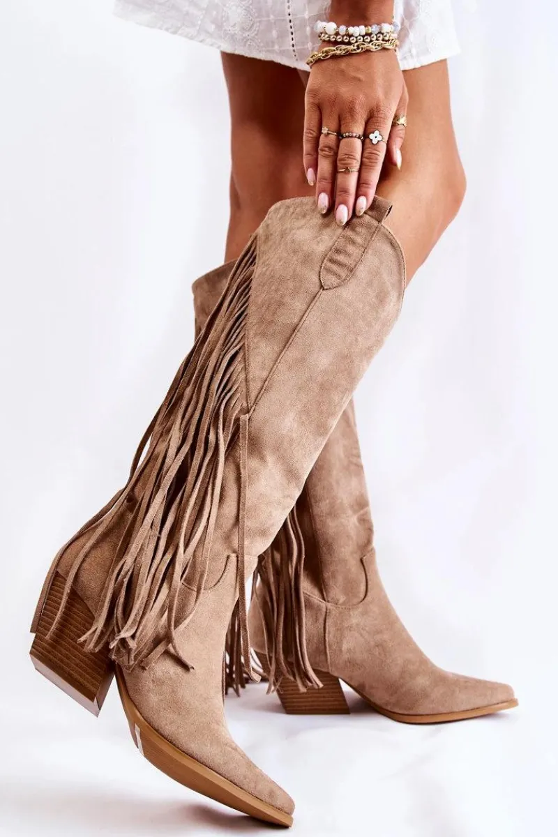 Kozaki Wiosenne|Kozaki Przed Kolano>Boto Damskie Zamszowe Kozaki Kowbojki Z Frędzlami Beżowe Simplo