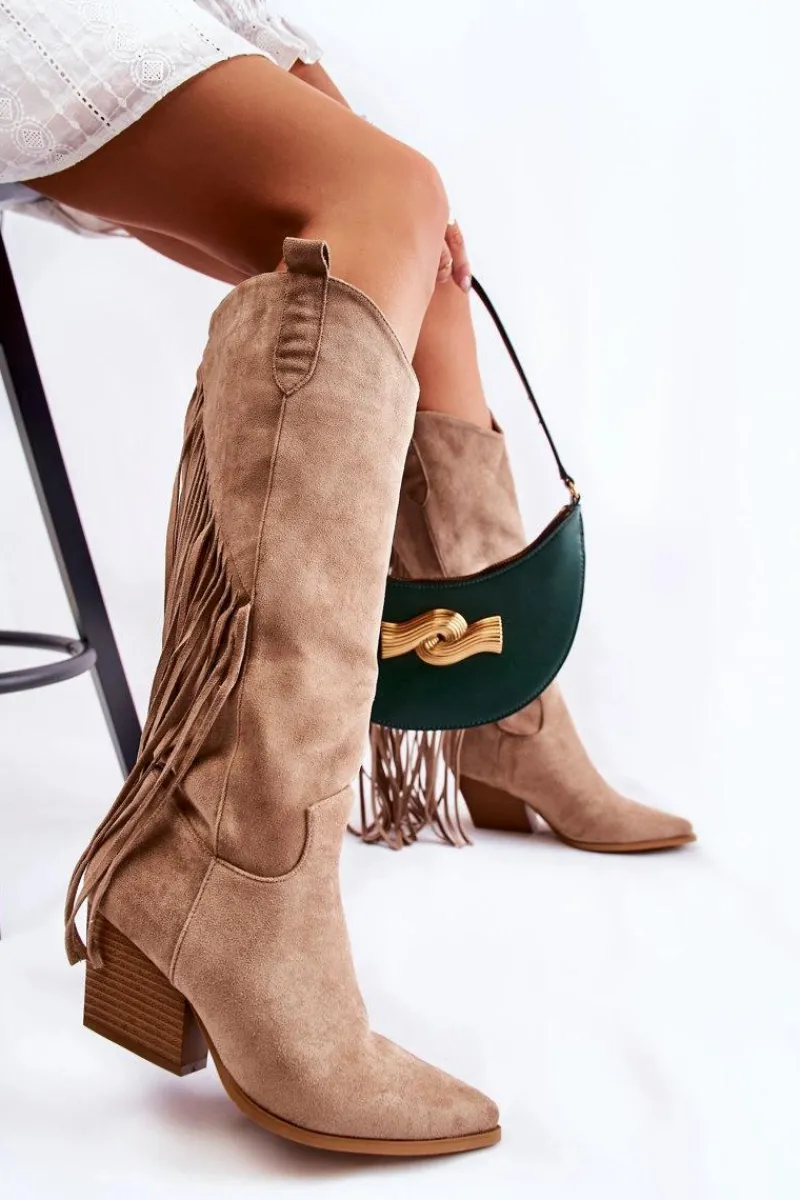 Kozaki Wiosenne|Kozaki Przed Kolano>Boto Damskie Zamszowe Kozaki Kowbojki Z Frędzlami Beżowe Simplo