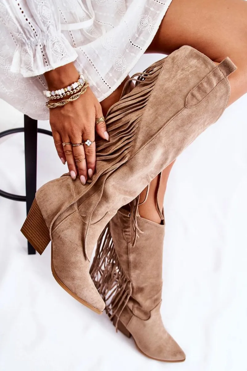 Kozaki Wiosenne|Kozaki Przed Kolano>Boto Damskie Zamszowe Kozaki Kowbojki Z Frędzlami Beżowe Simplo