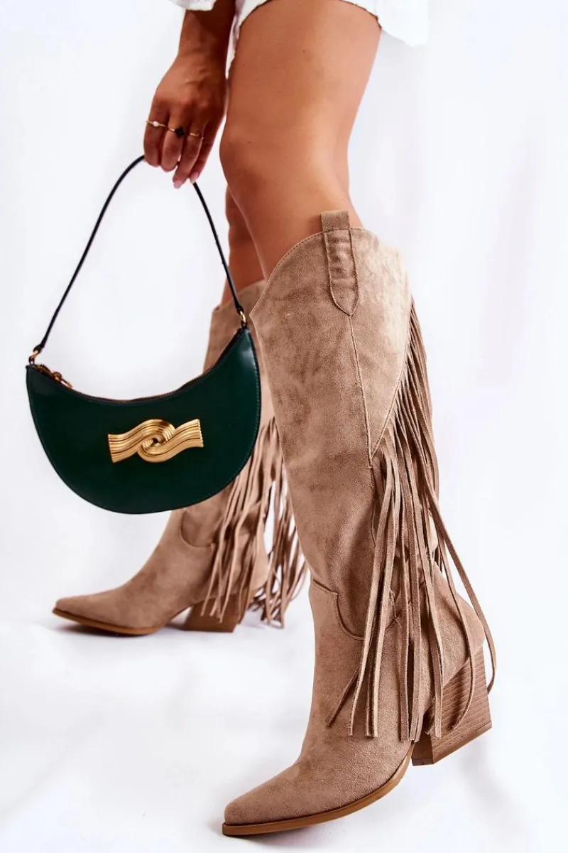 Kozaki Wiosenne|Kozaki Przed Kolano>Boto Damskie Zamszowe Kozaki Kowbojki Z Frędzlami Beżowe Simplo