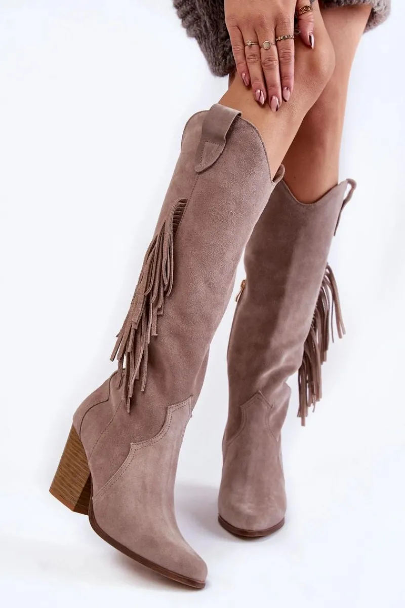 Discount Damskie Zamszowe Kozaki Kowbojki Lewski 3094/F Szare Damskie Kozaki Wiosenne|Kozaki Przed Kolano