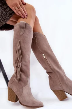 Discount Damskie Zamszowe Kozaki Kowbojki Lewski 3094/F Szare Damskie Kozaki Wiosenne|Kozaki Przed Kolano