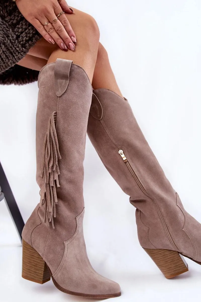 Discount Damskie Zamszowe Kozaki Kowbojki Lewski 3094/F Szare Damskie Kozaki Wiosenne|Kozaki Przed Kolano