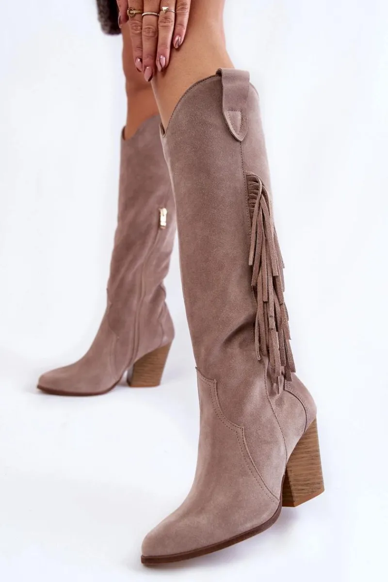 Discount Damskie Zamszowe Kozaki Kowbojki Lewski 3094/F Szare Damskie Kozaki Wiosenne|Kozaki Przed Kolano