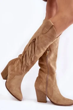 New Boto Damskie Zamszowe Kozaki Kowbojki Lewski 3094/F Ciemnobeżowe