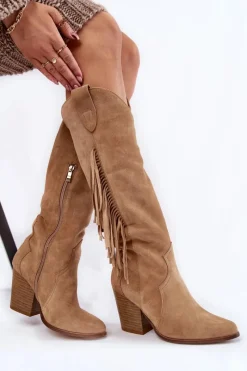New Boto Damskie Zamszowe Kozaki Kowbojki Lewski 3094/F Ciemnobeżowe