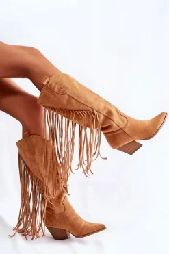 Outlet Boto Damskie Zamszowe Kozaki Kowbojki Z Frędzlami Camel Simplo