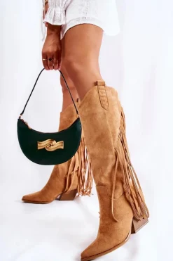 Outlet Boto Damskie Zamszowe Kozaki Kowbojki Z Frędzlami Camel Simplo