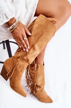 Outlet Boto Damskie Zamszowe Kozaki Kowbojki Z Frędzlami Camel Simplo