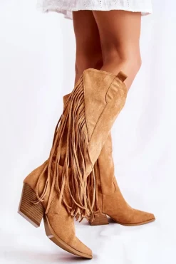 Outlet Boto Damskie Zamszowe Kozaki Kowbojki Z Frędzlami Camel Simplo