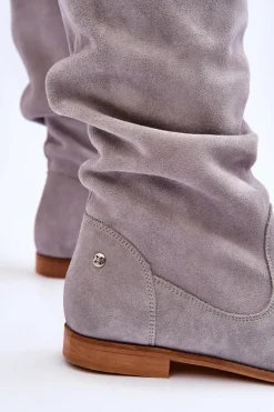 Best Damskie Zamszowe Kozaki 05057-13 Szare Damskie Kozaki Płaskie|Kozaki Zamszowe