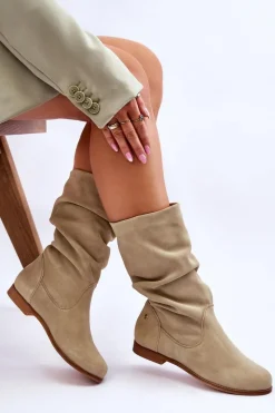 Discount Damskie Zamszowe Kozaki 05057-09 Jasnozielone Damskie Kozaki Płaskie|Kozaki Zamszowe