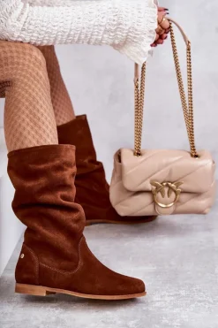 New Damskie Zamszowe Kozaki 05057-29 Rude Damskie Kozaki Płaskie|Kozaki Zamszowe