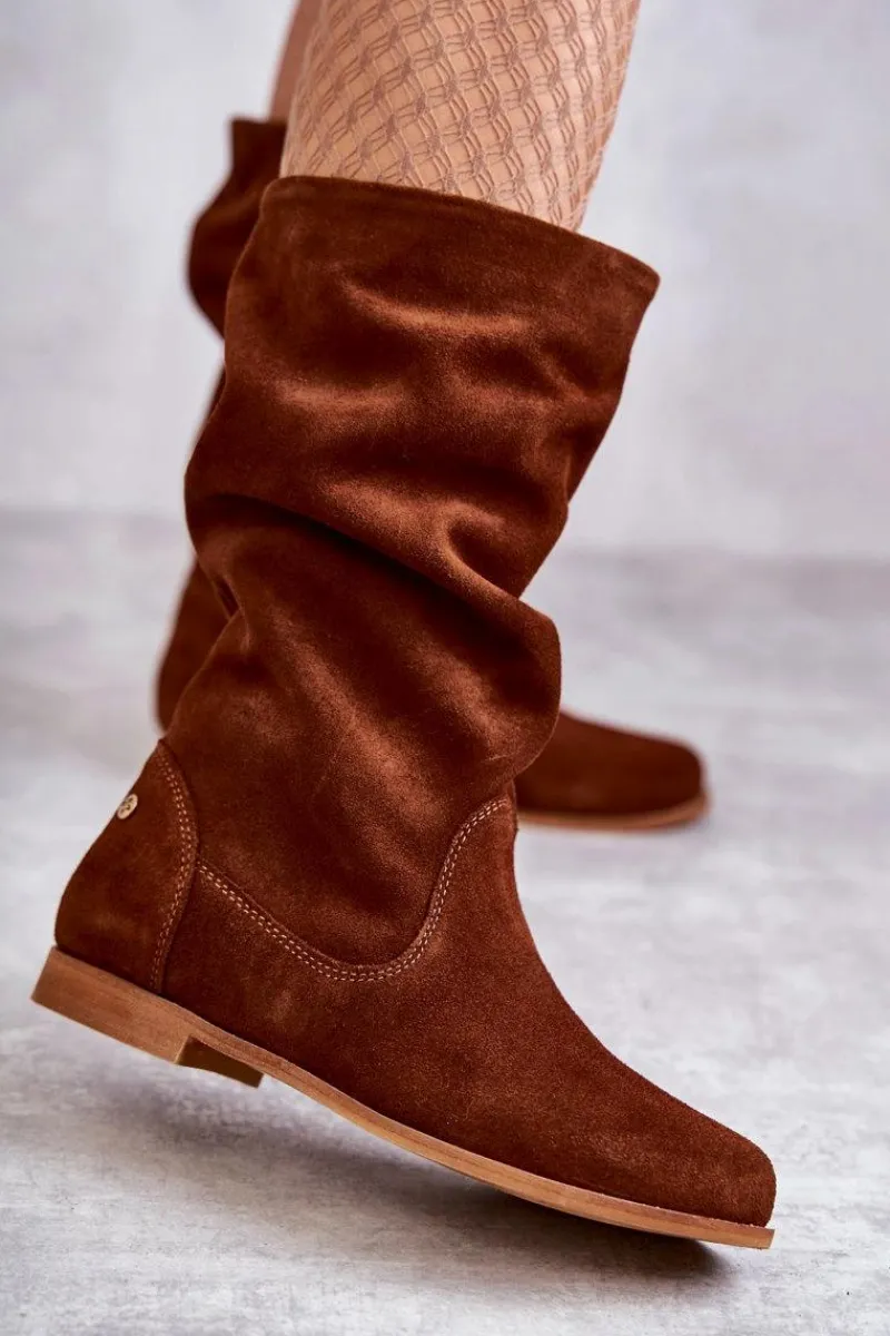 New Damskie Zamszowe Kozaki 05057-29 Rude Damskie Kozaki Płaskie|Kozaki Zamszowe