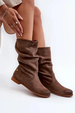 Damskie Zamszowe Kozaki 05057-14 Brązowe Damskie Kozaki Płaskie|Kozaki Zamszowe