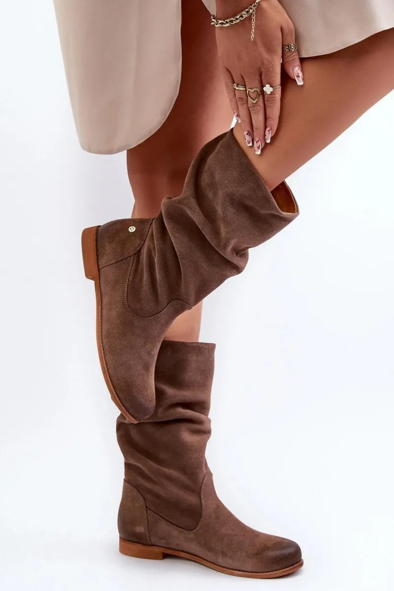 Damskie Zamszowe Kozaki 05057-14 Brązowe Damskie Kozaki Płaskie|Kozaki Zamszowe